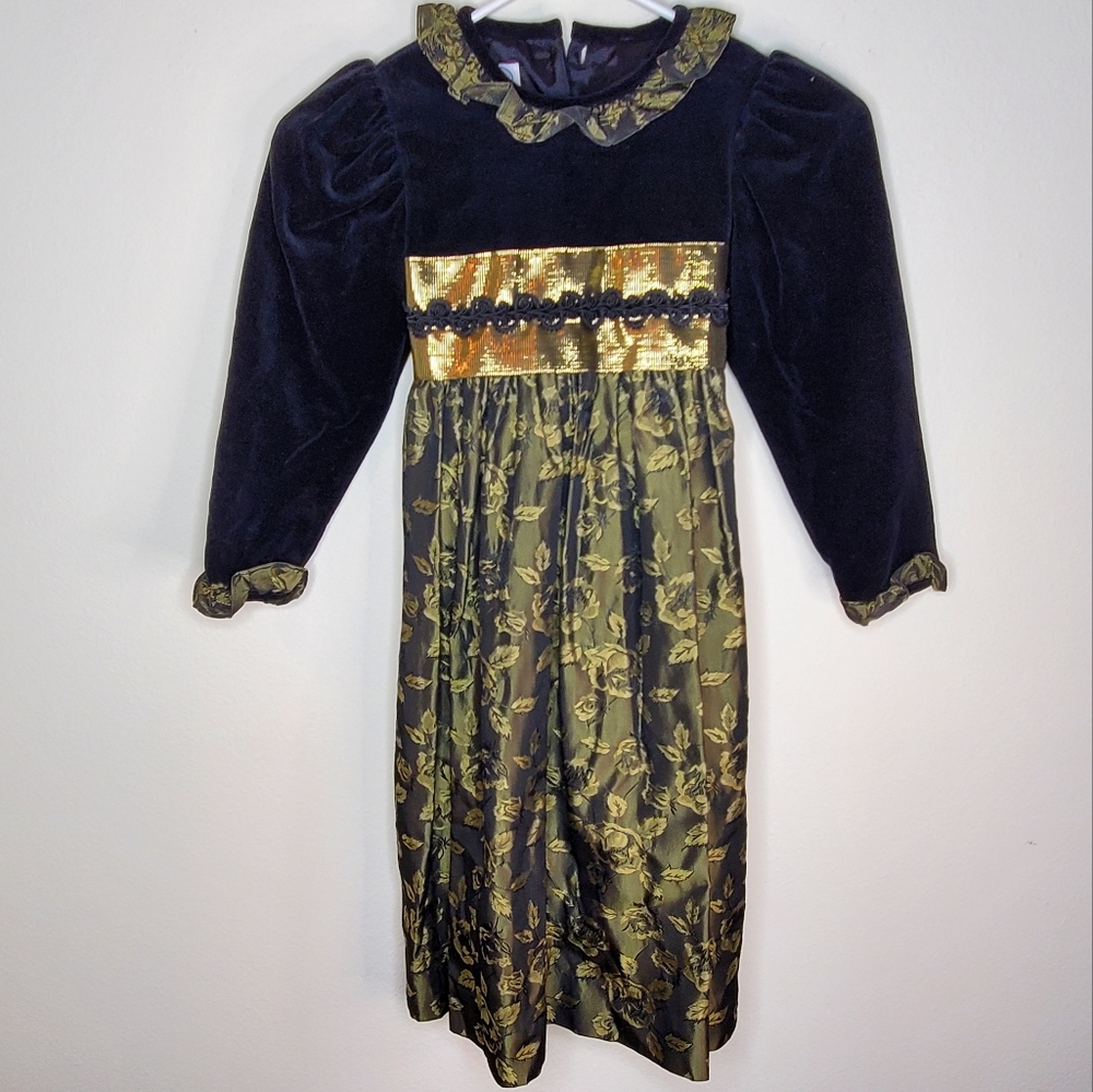 VTG Cary San Francisco, Girls Size 6 Party Dress, Black Velvet and Gold Taffeta